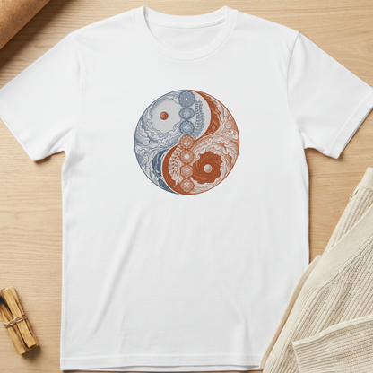 A white short-sleeve crewneck t-shirt laid flat on a light wood surface, featuring a circular yin-yang style graphic on the chest with intricate blue and rust-orange floral and geometric patterns. Minimalist yoga apparel by pemuyo.