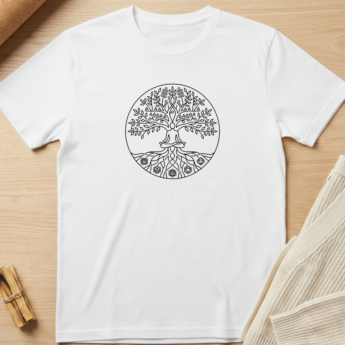 A white short-sleeve crewneck t-shirt with a black circular tree of life graphic printed on the chest, displayed flat on a light wood background with neutral lifestyle props. Minimalist yoga apparel by pemuyo.