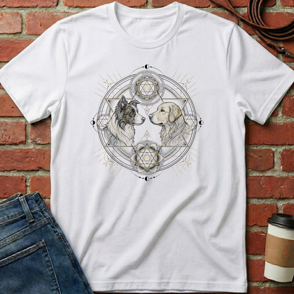 White t-shirt with dog illustration on a brick wall background. Minimalist dog apparel by pemuyo.
