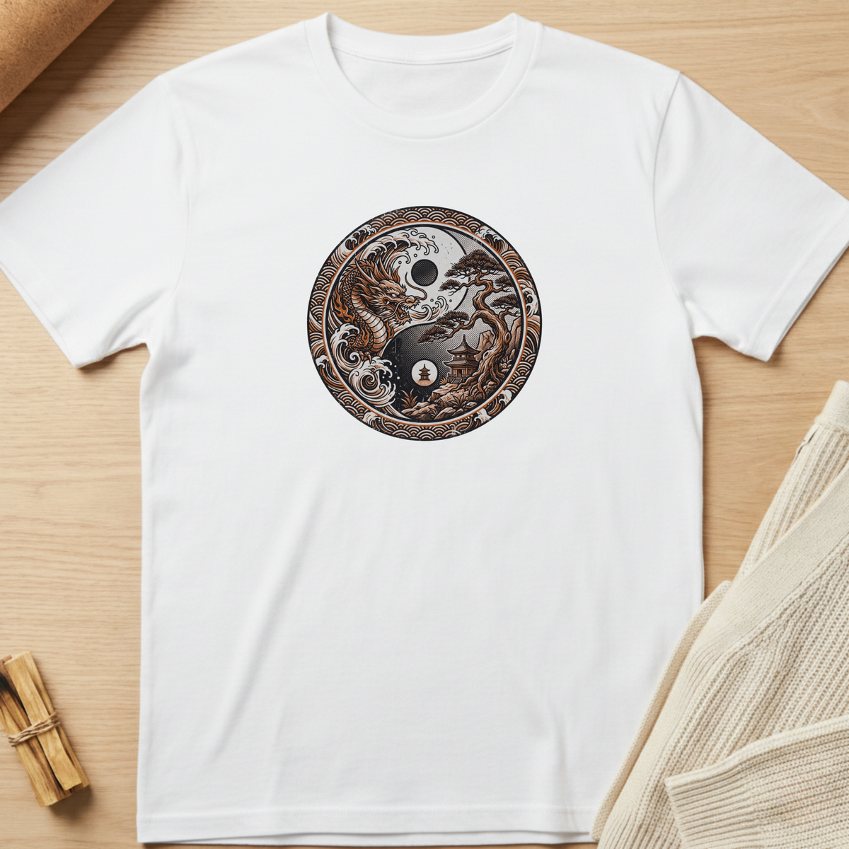 A white short-sleeve crewneck t-shirt laid flat on a light wood background, featuring a circular graphic print on the chest with a yin-yang design made from a skull, dragon, and tree. Minimalist yoga apparel by pemuyo.