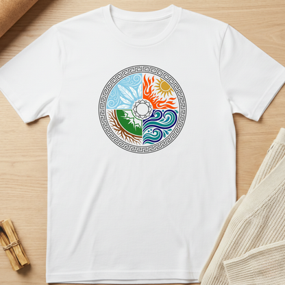 White t-shirt with a colorful circular design on a wooden surface. Minimalist yoga apparel by pemuyo.
