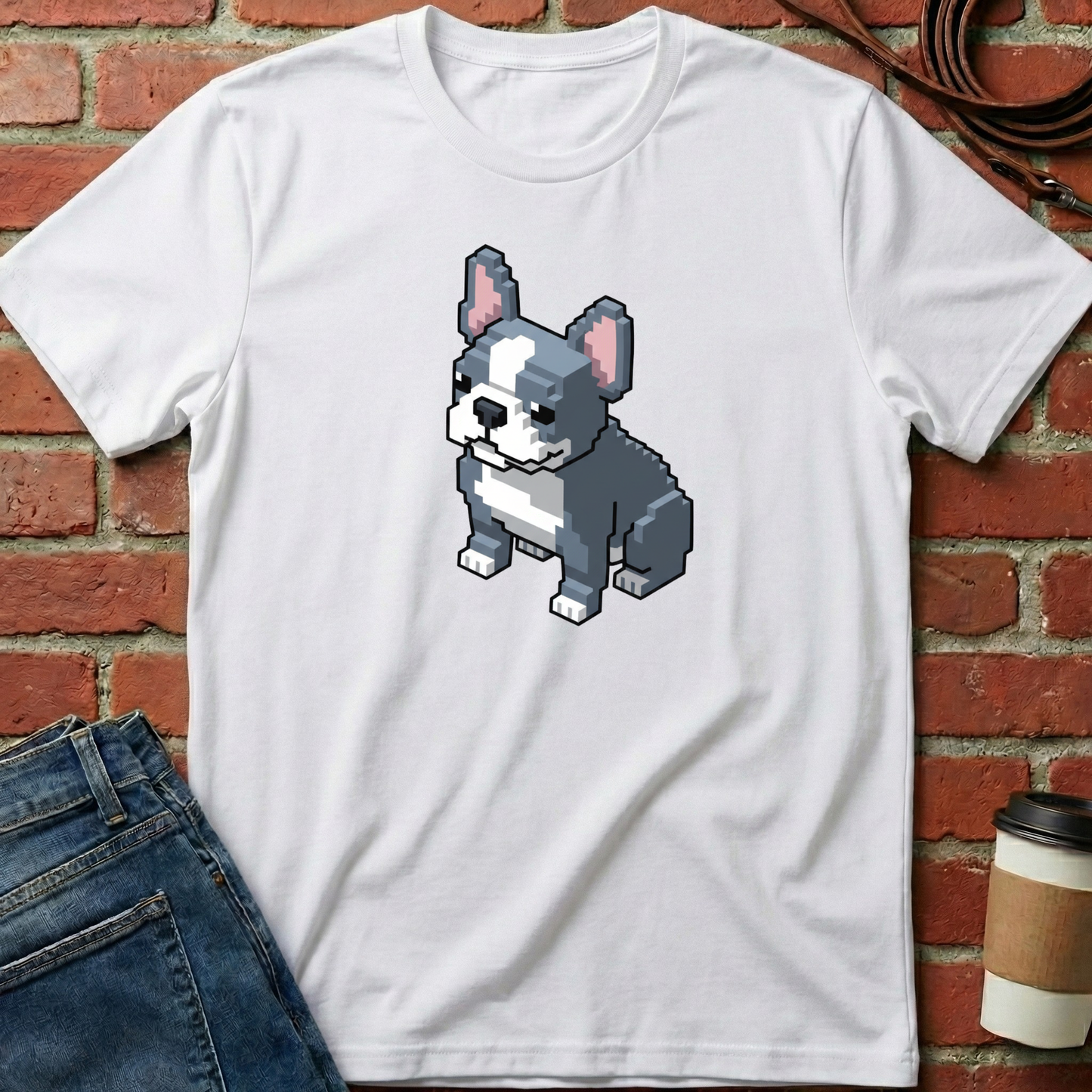 White t-shirt with pixelated dog graphic on a brick wall background. Minimalist dog apparel by pemuyo.