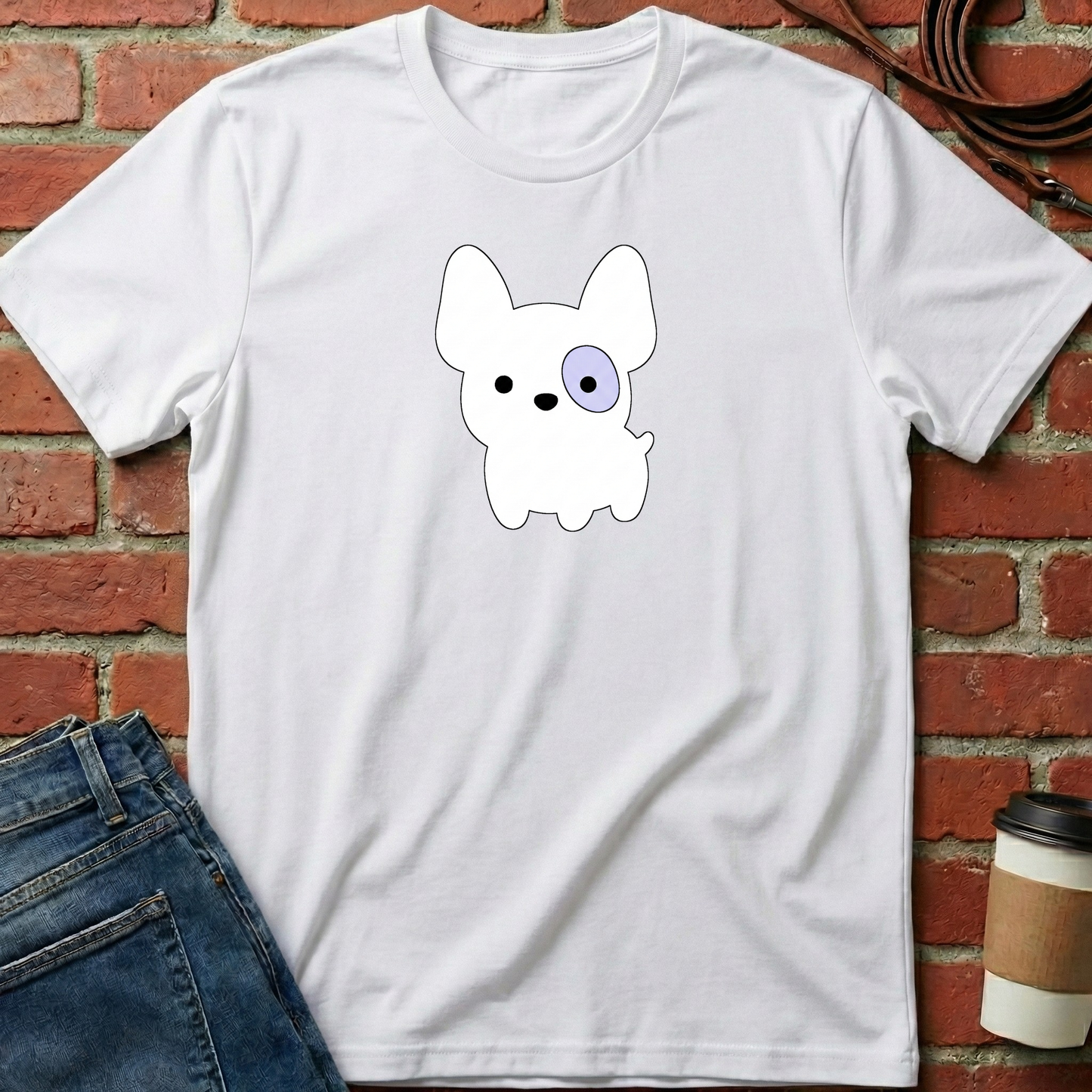 White t-shirt with a cartoon dog design on a brick wall background. Minimalist dog apparel by pemuyo.