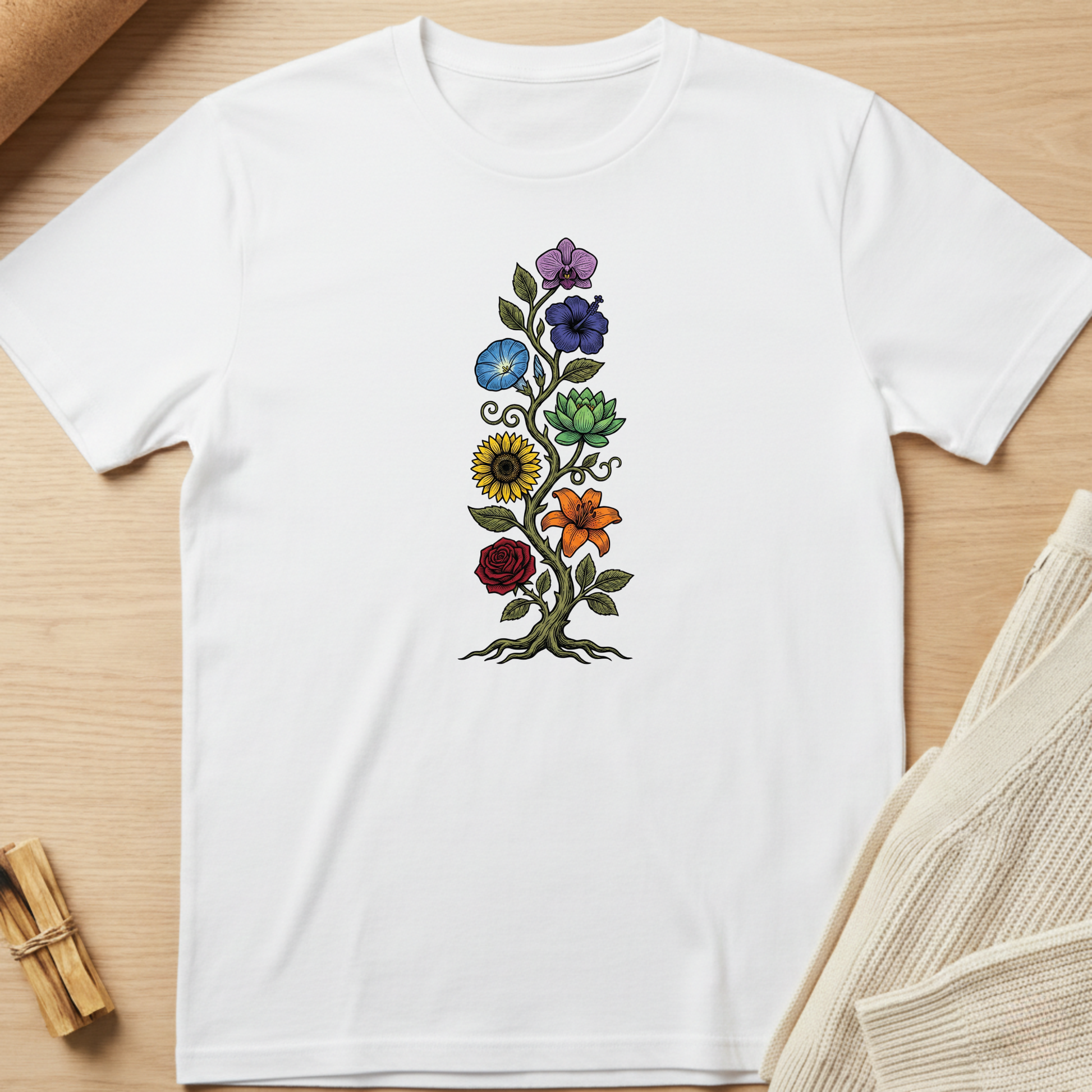 White t-shirt with colorful floral design on a wooden surface. Minimalist yoga apparel by pemuyo.