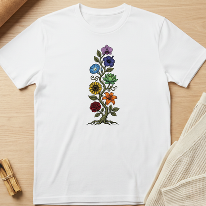 White t-shirt with colorful floral design on a wooden surface. Minimalist yoga apparel by pemuyo.