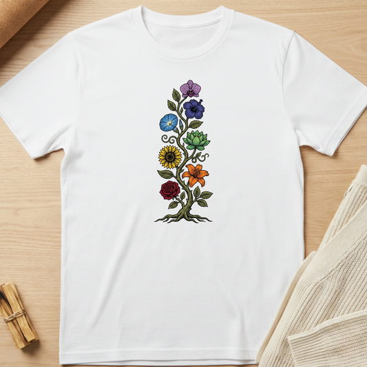 White t-shirt with colorful floral design on a wooden surface. Minimalist yoga apparel by pemuyo.
