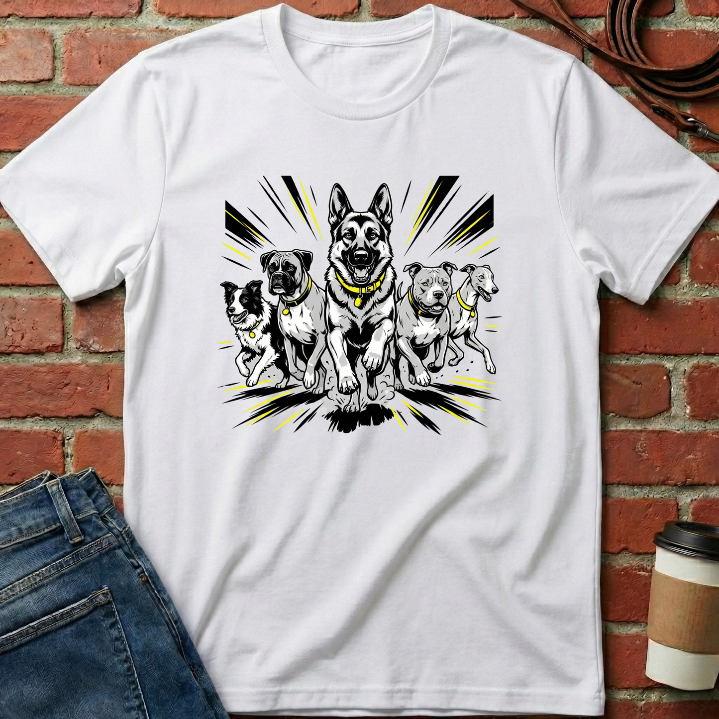 White t-shirt with a graphic of five dogs on a brick wall background. Minimalist dog apparel by pemuyo.