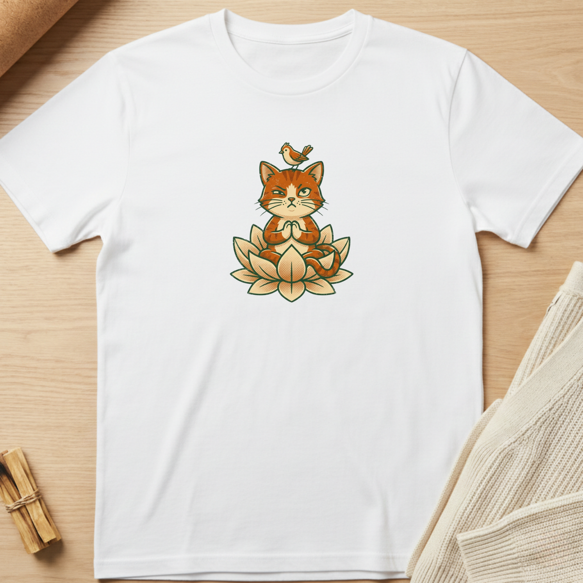 A white short-sleeve crewneck t-shirt laid flat on a light wood surface, featuring a central graphic of a cute orange cat meditating on a lotus flower with a small bird on its head. Minimalist yoga apparel by pemuyo.