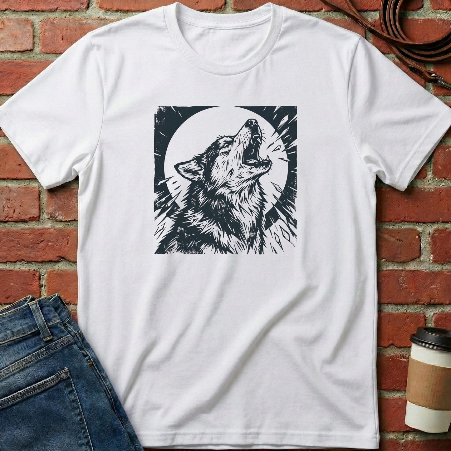 White t-shirt with a husky graphic on a brick wall background. Minimalist dog apparel by pemuyo.