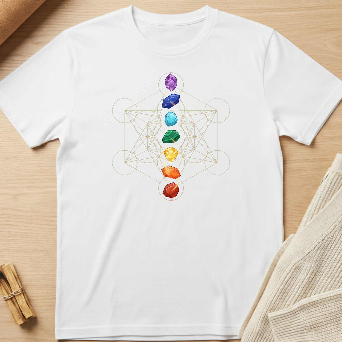 White t-shirt with a colorful chakra design on a wooden surface. Minimalist yoga apparel by pemuyo.