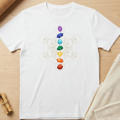 White t-shirt with a colorful chakra design on a wooden surface. Minimalist yoga apparel by pemuyo.