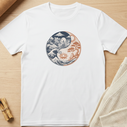 A white short-sleeve crewneck t-shirt laid flat on a light wood surface, featuring a circular yin-yang style graphic in navy blue and terracotta orange with wave, mountain, and lotus motifs. Styled flat-lay props include a rolled tan paper corner, a small bundle of wooden sticks, and a folded cream knit fabric at the edges. Minimalist yoga apparel by pemuyo.