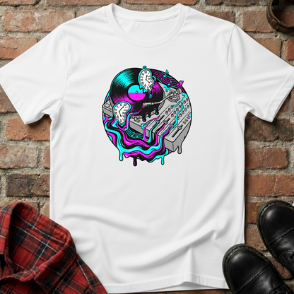 White t-shirt with a colorful graphic design on a brick surface. Minimalist music apparel by pemuyo.