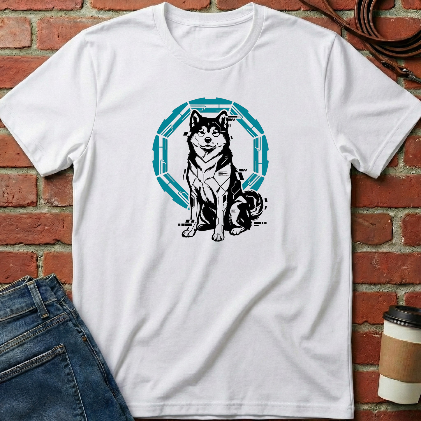 White t-shirt with a dog graphic on a brick wall background. Minimalist dog apparel by pemuyo.