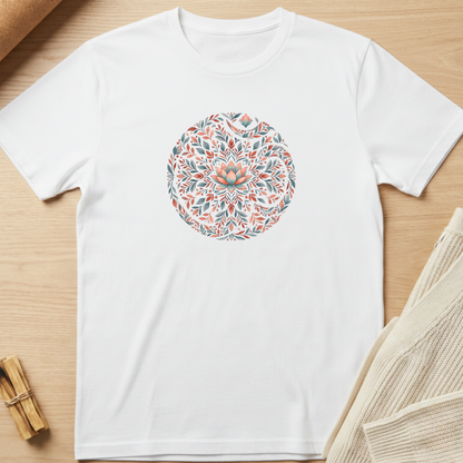 A white short-sleeve crewneck t-shirt featuring a circular mandala graphic in the center with a lotus flower motif in coral orange, teal, and gray. The t-shirt is displayed flat on a light wood background with styled props. Minimalist yoga apparel by pemuyo.
