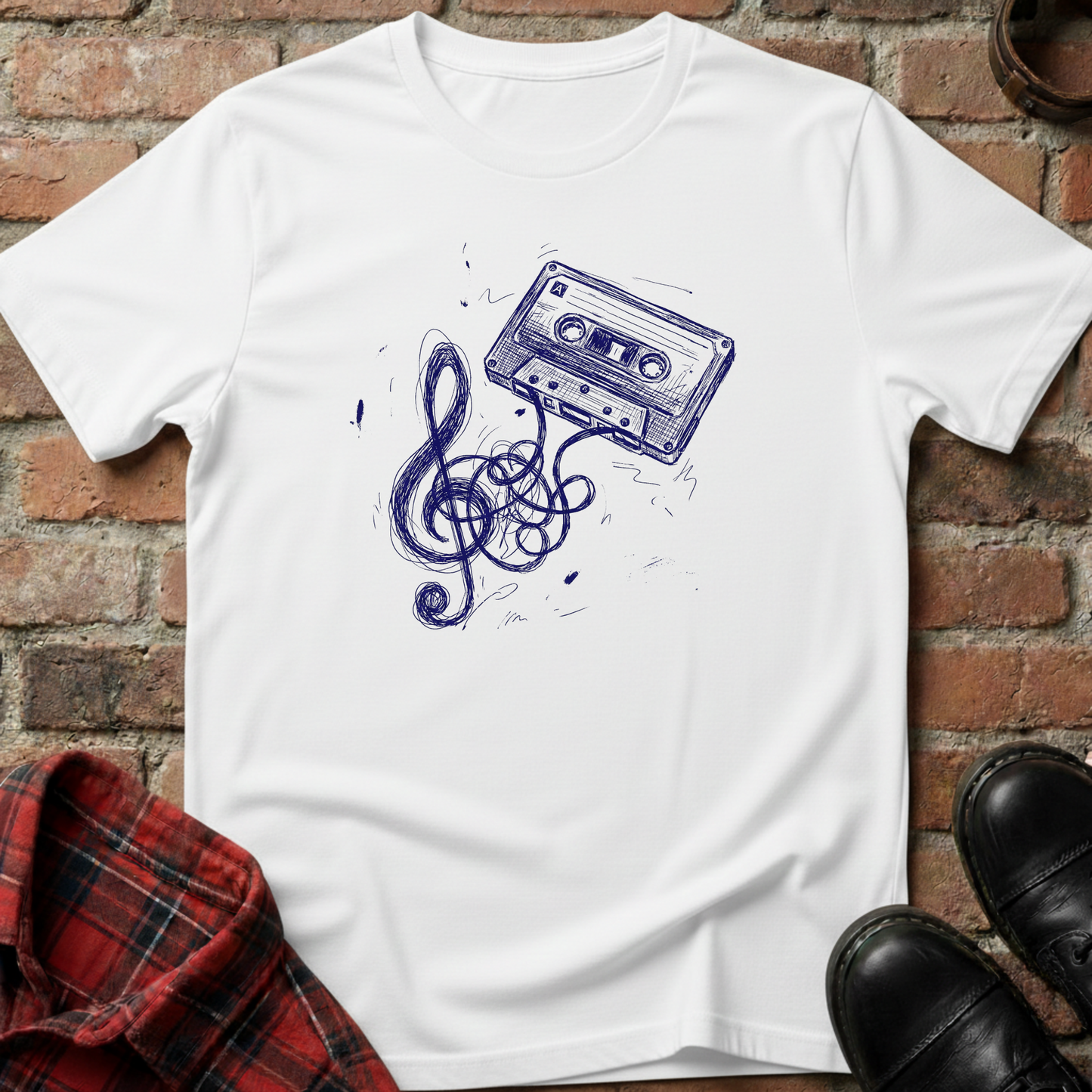 White t-shirt with blue cassette tape and music note design on a brick surface. Minimalist music apparel by pemuyo.