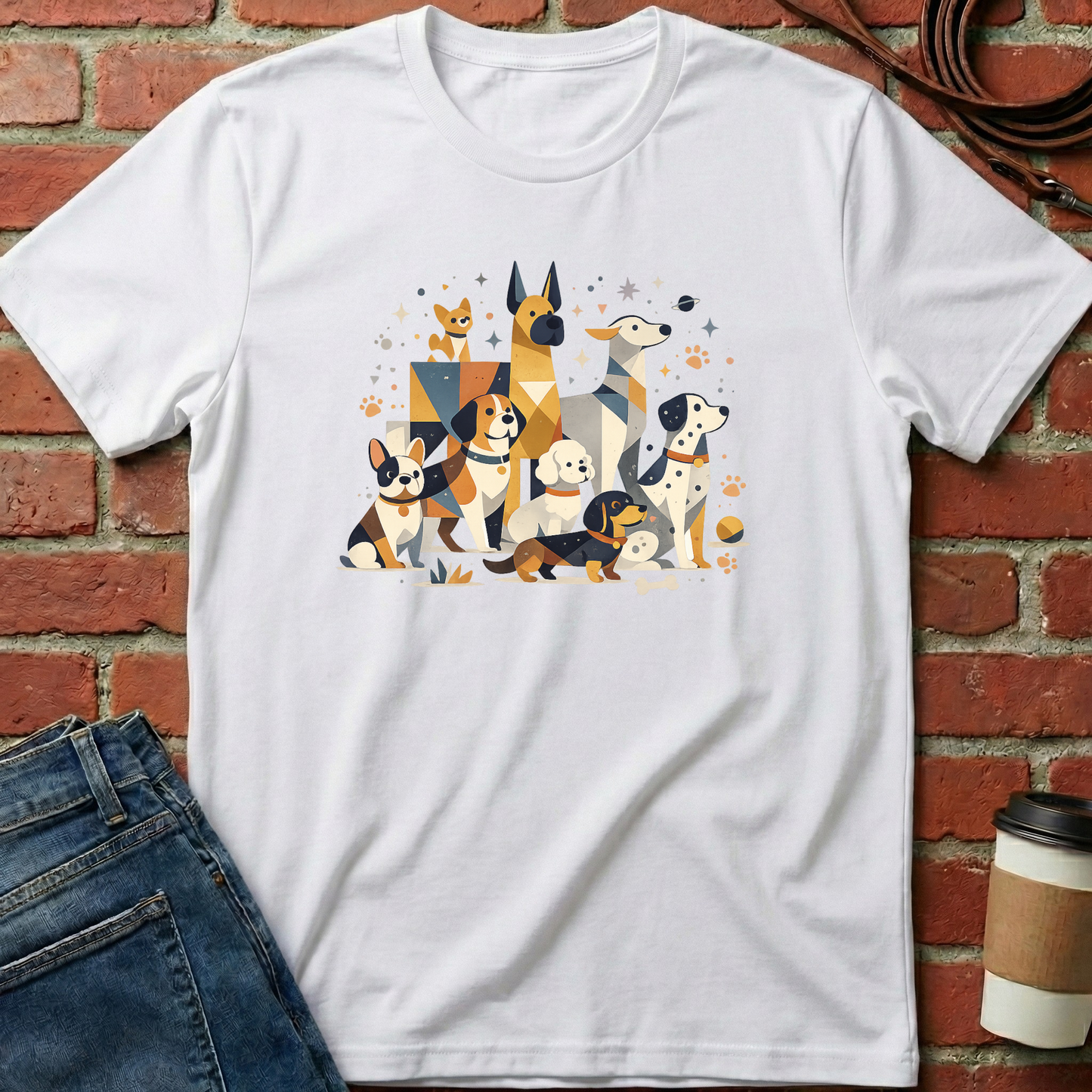 White t-shirt with dog illustration on a brick wall background. Minimalist dog apparel by pemuyo.