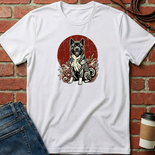 White t-shirt with a dog graphic design on a brick wall background. Minimalist dog apparel by pemuyo.