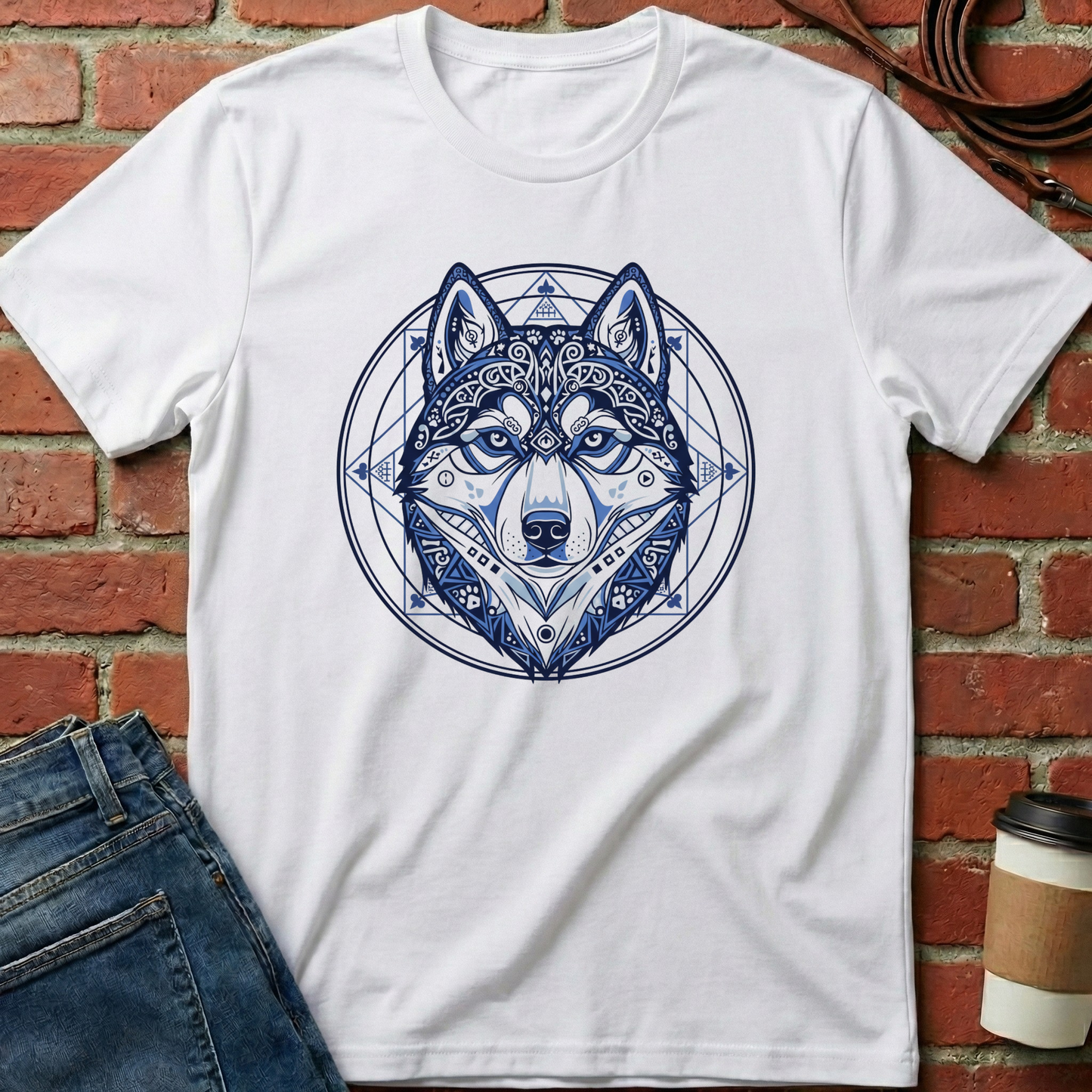 White t-shirt with blue husky design on a brick wall background. Minimalist dog apparel by pemuyo.