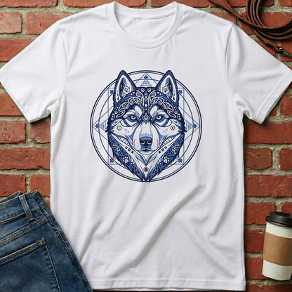White t-shirt with blue husky design on a brick wall background. Minimalist dog apparel by pemuyo.