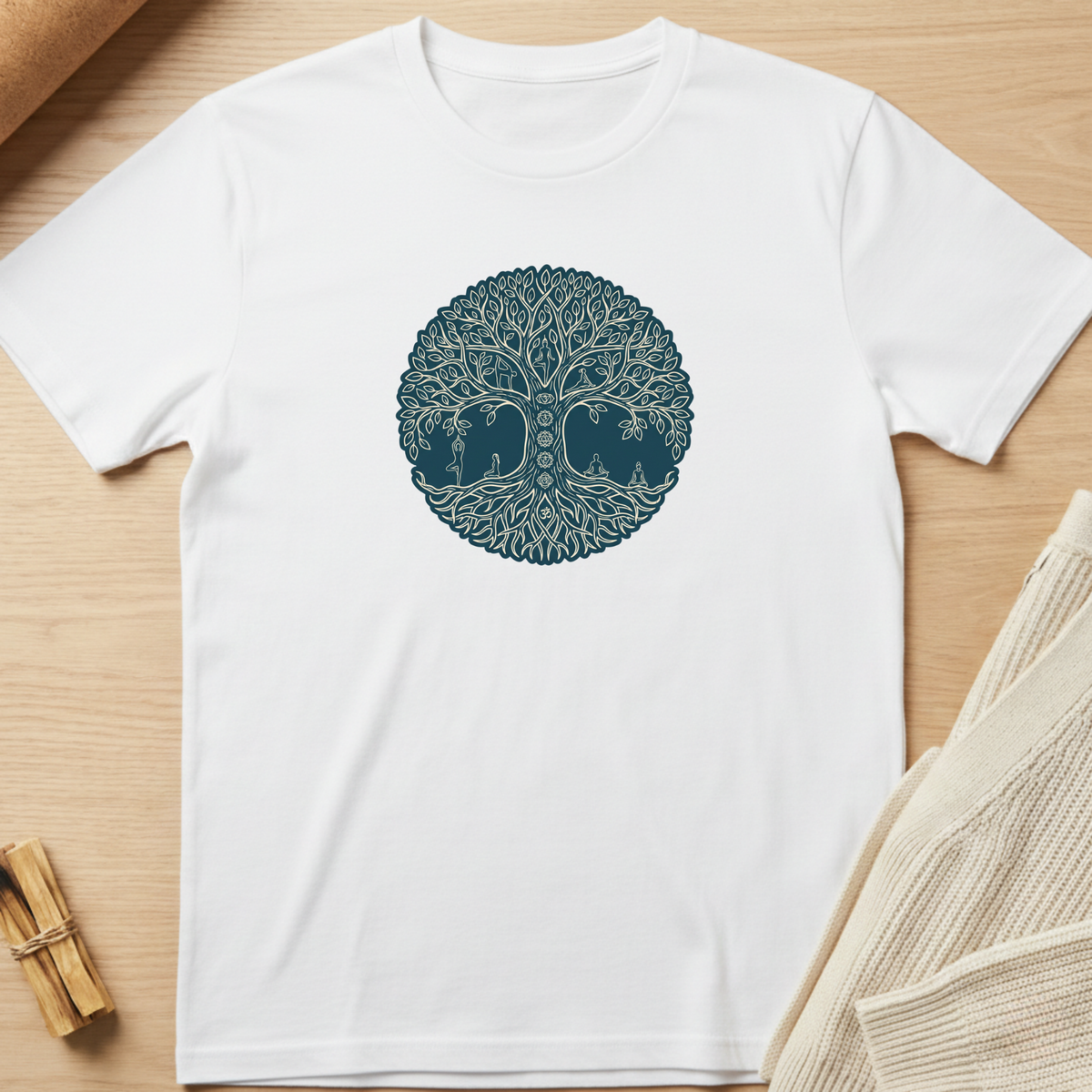 A white short-sleeve crewneck t-shirt with a circular teal tree-of-life graphic printed on the chest, laid flat on a light wood surface with neutral props. Minimalist yoga apparel by pemuyo.