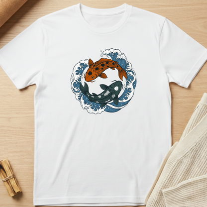 White t-shirt with a graphic of two koi fish in waves on a wooden surface. Minimalist yoga apparel by pemuyo.