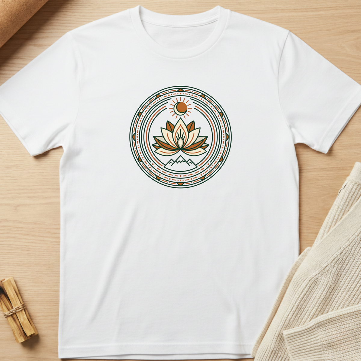 A white short-sleeve crewneck t-shirt laid flat on a light wood surface, featuring a circular mandala-style graphic on the chest with a lotus flower, sun, and geometric patterns in brown, gold, and teal. Minimalist yoga apparel by pemuyo.