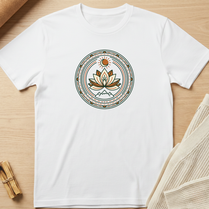 A white short-sleeve crewneck t-shirt laid flat on a light wood surface, featuring a circular mandala-style graphic on the chest with a lotus flower, sun, and geometric patterns in brown, gold, and teal. Minimalist yoga apparel by pemuyo.