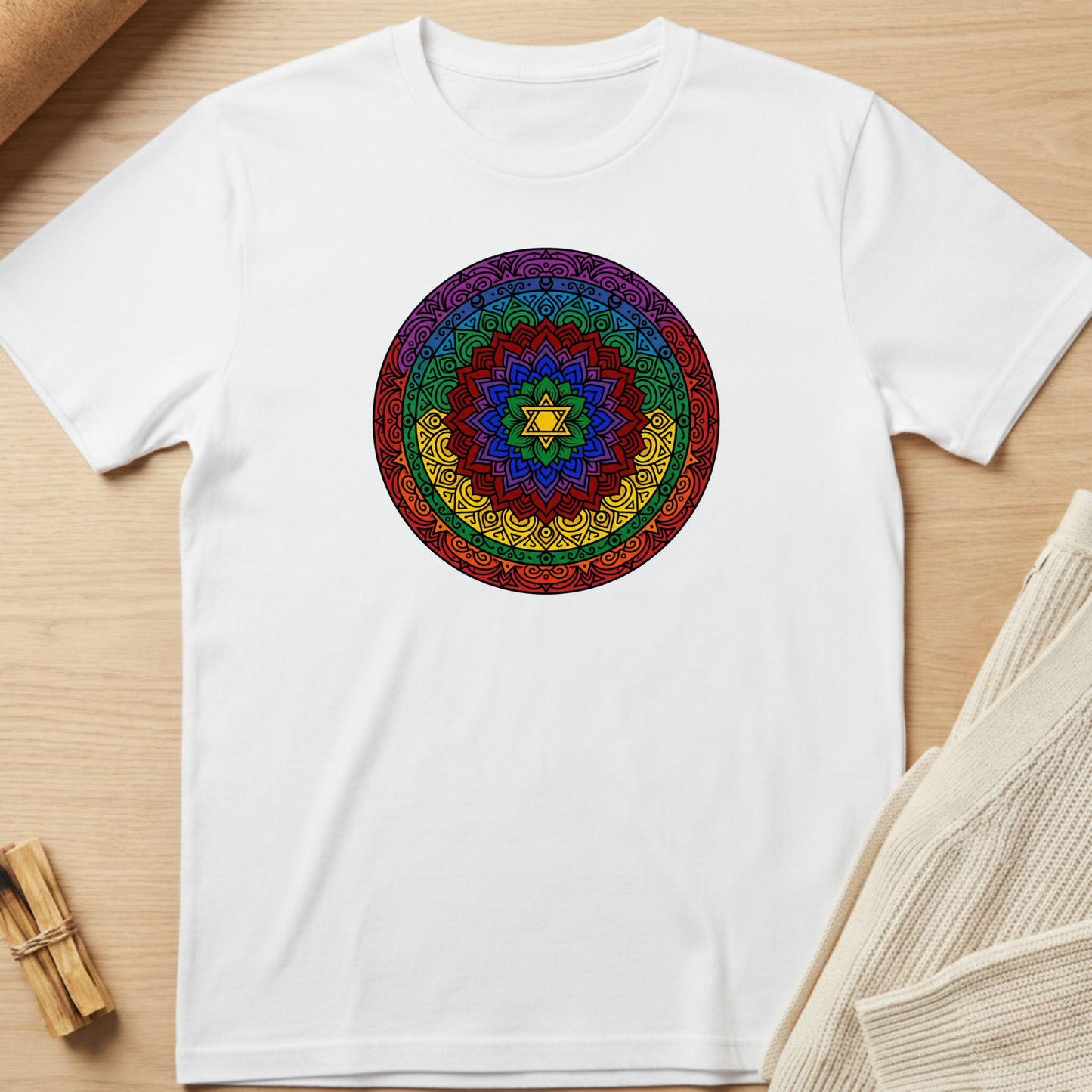 White t-shirt with a colorful mandala design on a wooden surface. Minimalist yoga apparel by pemuyo.