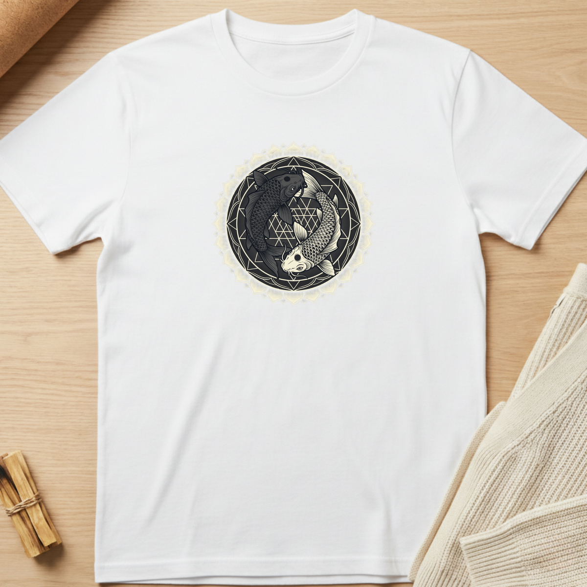 A white short-sleeve crewneck t-shirt laid flat on a light wood surface, featuring a circular black and beige graphic of two koi fish inside a geometric design on the chest. Styled flat-lay props include a rolled tan paper corner, a small bundle of wooden sticks, and a folded cream knit fabric on the right. Minimalist yoga apparel by pemuyo.