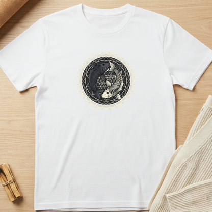 A white short-sleeve crewneck t-shirt laid flat on a light wood surface, featuring a circular black and beige graphic of two koi fish inside a geometric design on the chest. Styled flat-lay props include a rolled tan paper corner, a small bundle of wooden sticks, and a folded cream knit fabric on the right. Minimalist yoga apparel by pemuyo.