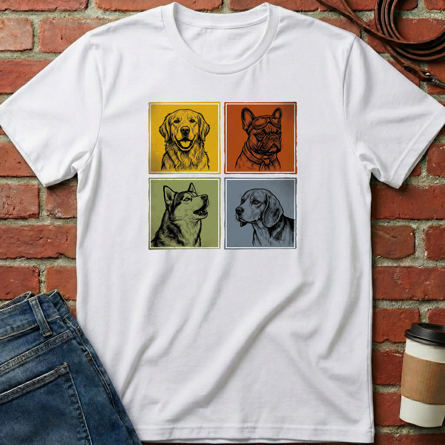 White t-shirt with dog illustrations on a brick wall background. Minimalist dog apparel by pemuyo.