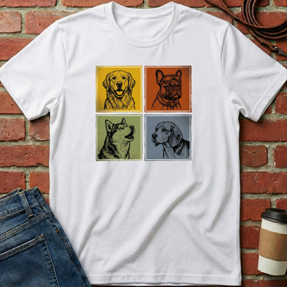 White t-shirt with dog illustrations on a brick wall background. Minimalist dog apparel by pemuyo.