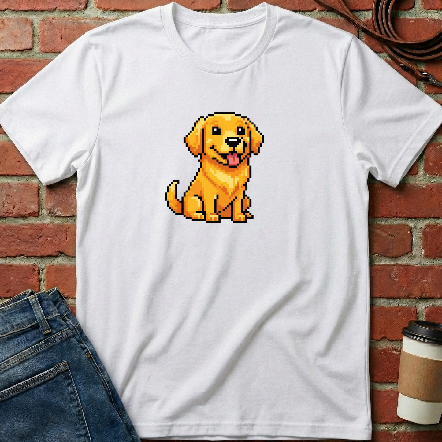 White t-shirt with pixelated dog graphic on a brick wall background. Minimalist dog apparel by pemuyo.
