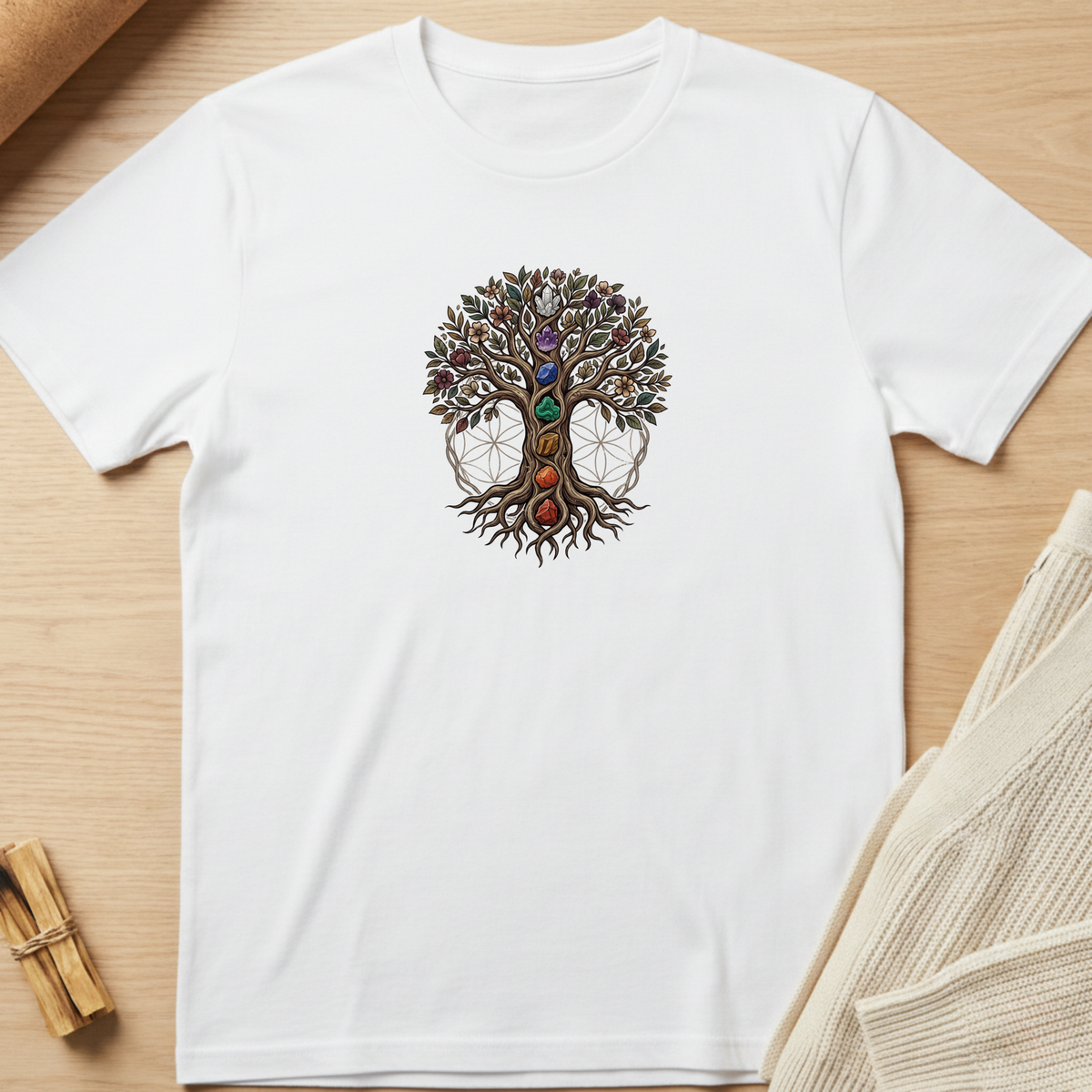 A white short-sleeve crewneck t-shirt laid flat on a light wood surface, featuring a central graphic of a tree of life with colorful gemstone-like details and dreamcatcher elements. Styled flat-lay props include a rolled tan material in the top-left and a folded cream knit fabric in the bottom-right. Minimalist yoga apparel by pemuyo.