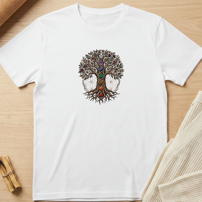 A white short-sleeve crewneck t-shirt laid flat on a light wood surface, featuring a central graphic of a tree of life with colorful gemstone-like details and dreamcatcher elements. Styled flat-lay props include a rolled tan material in the top-left and a folded cream knit fabric in the bottom-right. Minimalist yoga apparel by pemuyo.