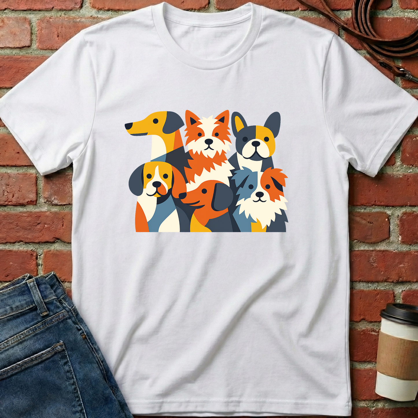 White t-shirt with colorful dog graphic on a brick wall background. Minimalist dog apparel by pemuyo.
