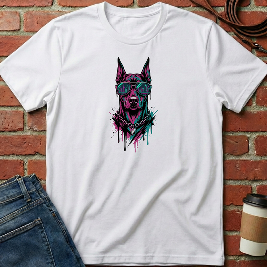 White t-shirt with a colorful dog graphic on a brick wall background. Minimalist dog apparel by pemuyo.