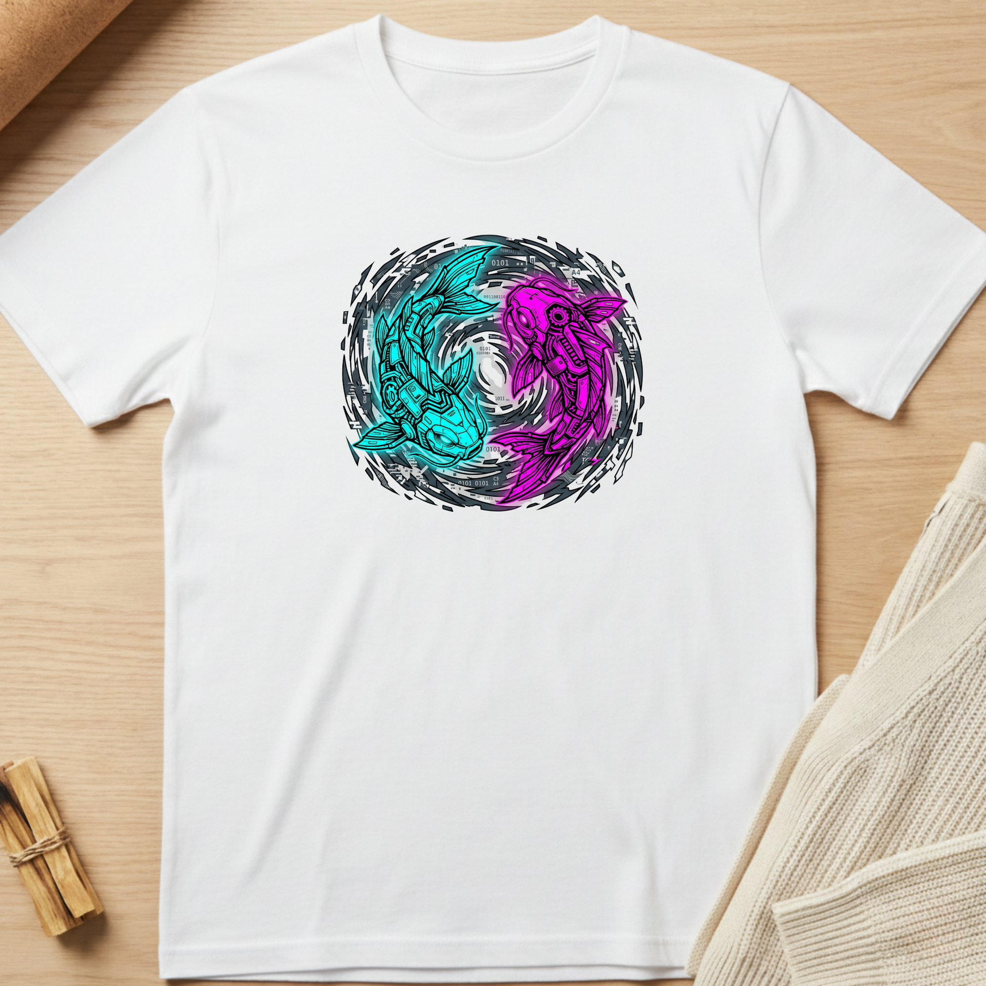 White t-shirt with a colorful circular design featuring two interlocking creatures on a wooden surface. Minimalist yoga apparel by pemuyo.