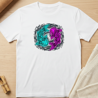 White t-shirt with a colorful circular design featuring two interlocking creatures on a wooden surface. Minimalist yoga apparel by pemuyo.