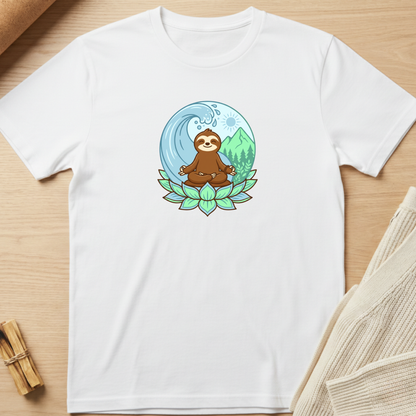 A white short-sleeve crewneck t-shirt laid flat on a light wood surface, featuring a colorful cartoon graphic of a sloth meditating on a lotus flower in front of a wave and mountains. Minimalist yoga apparel by pemuyo.