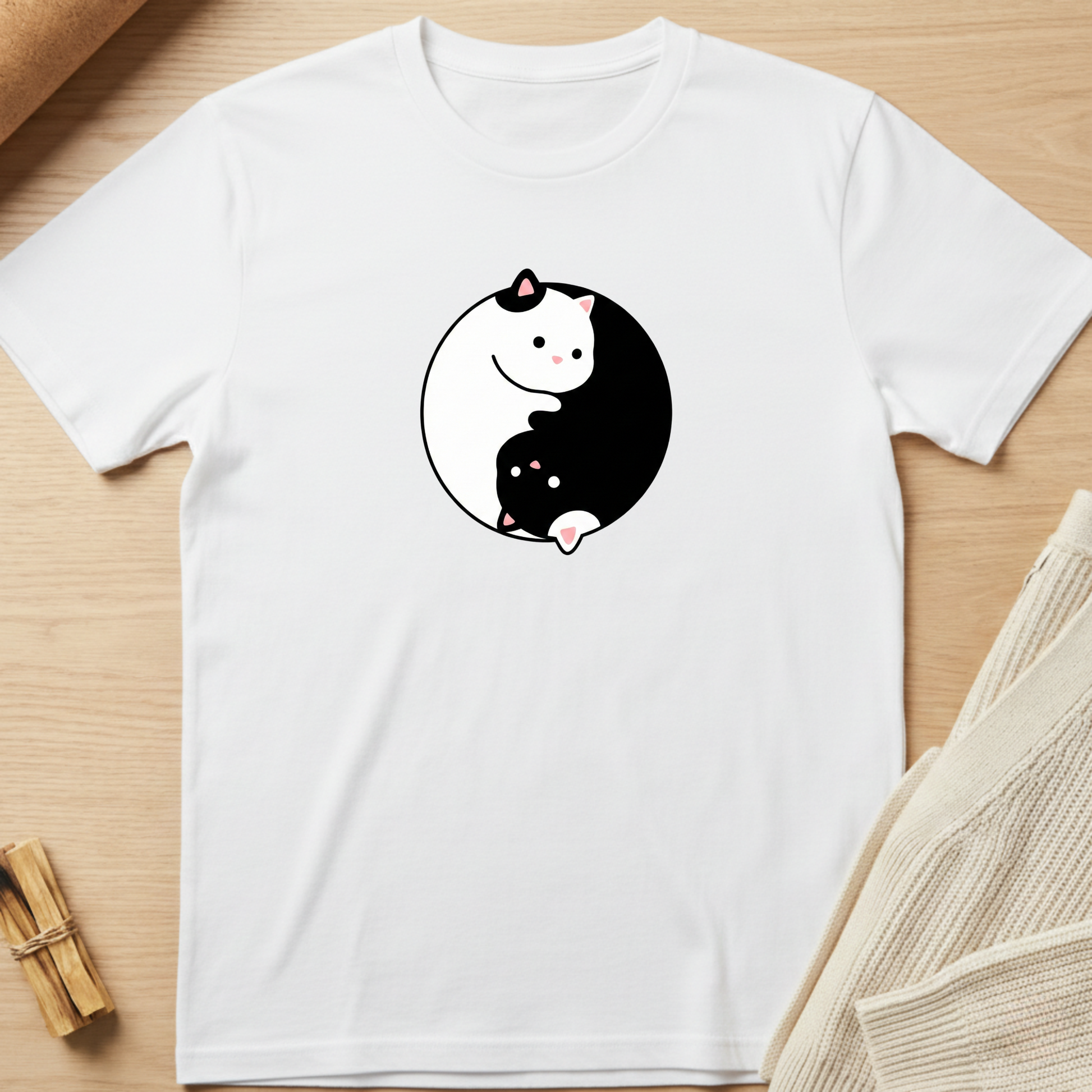 White t-shirt with a yin yang design featuring cartoon cats on a wooden surface. Minimalist yoga apparel by pemuyo.