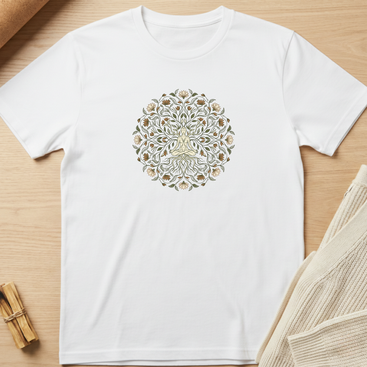 A white short-sleeve crewneck t-shirt featuring a central circular mandala graphic with a deer motif in muted teal, lavender, and cream, laid flat on a light wood background with styled props. Minimalist yoga apparel by pemuyo.