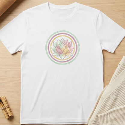 A white short-sleeve crewneck t-shirt laid flat on a light wood surface, featuring a pastel-colored lotus flower graphic inside concentric circles on the chest. Styled flat-lay props include a small bundle of dried stems on the bottom left and a beige knit fabric on the bottom right. Minimalist yoga apparel by pemuyo.