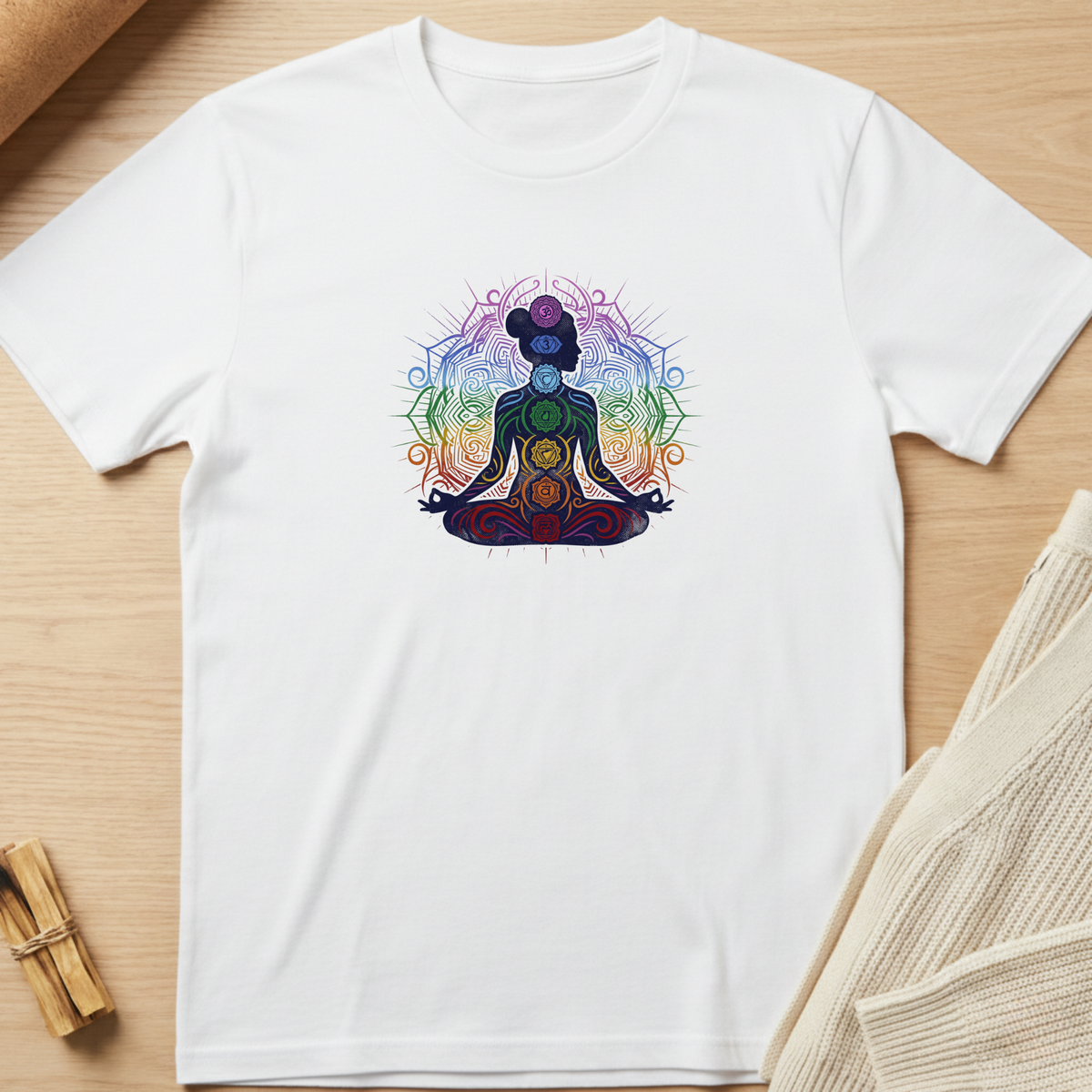 A white short-sleeve crewneck t-shirt laid flat on a light wood surface, featuring a colorful graphic of a meditating figure with chakra symbols in shades of purple, blue, green, yellow, orange, and red. Minimalist yoga apparel by pemuyo.