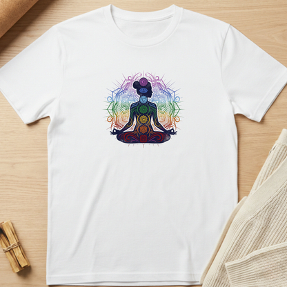 A white short-sleeve crewneck t-shirt laid flat on a light wood surface, featuring a colorful graphic of a meditating figure with chakra symbols in shades of purple, blue, green, yellow, orange, and red. Minimalist yoga apparel by pemuyo.