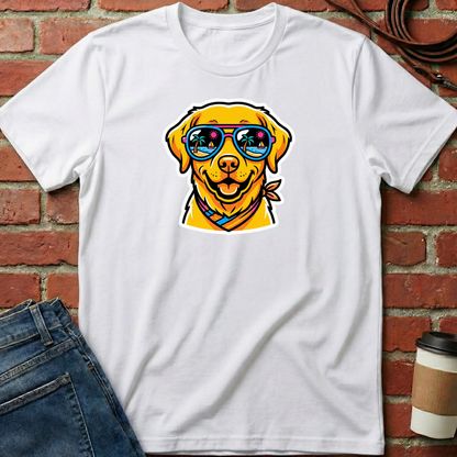 White t-shirt with a dog wearing sunglasses graphic on a brick wall background. Minimalist dog apparel by pemuyo.