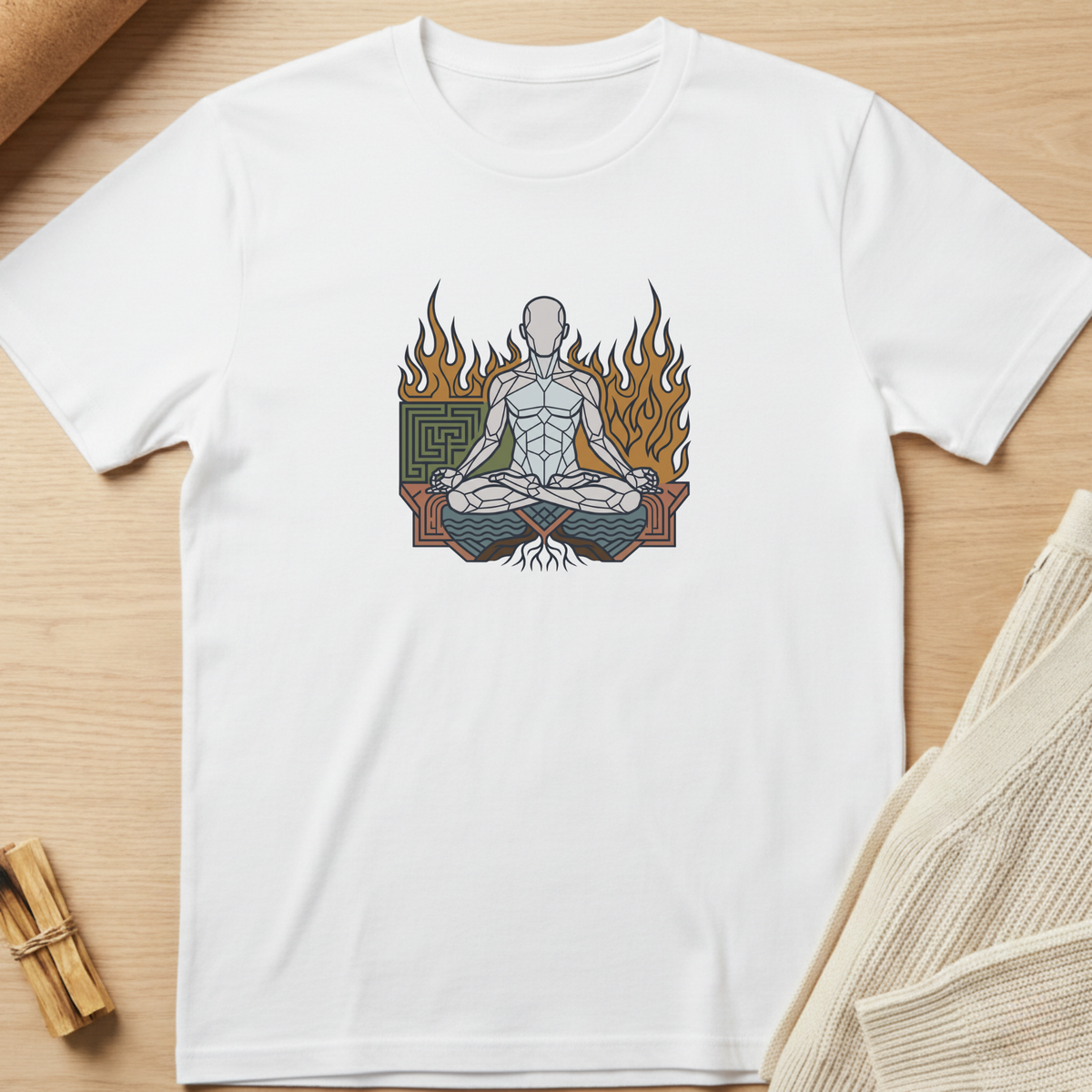 A white short-sleeve crewneck t-shirt laid flat on a light wood surface, featuring a central graphic of a meditating figure surrounded by flames and a green geometric emblem. Minimalist yoga apparel by pemuyo.
