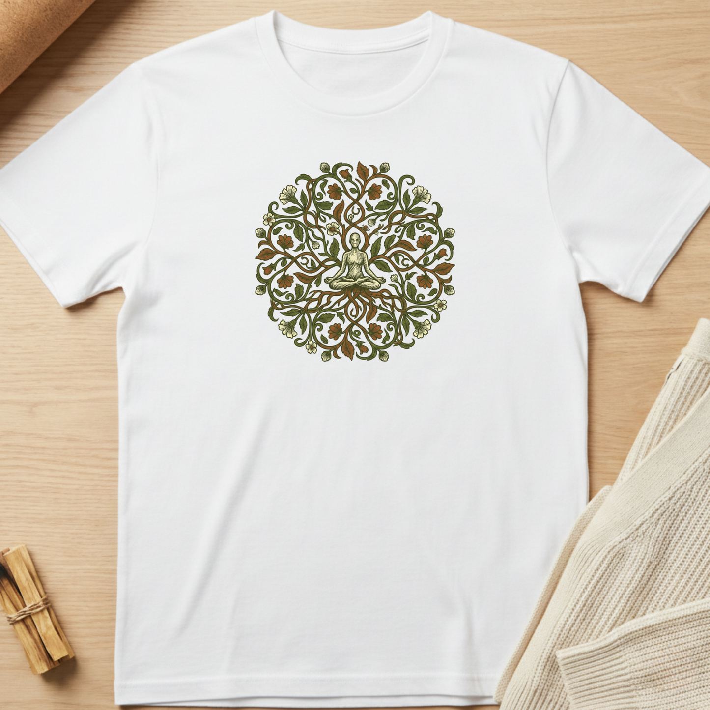 White t-shirt with green mandala design on a wooden surface. Minimalist yoga apparel by pemuyo.