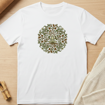 White t-shirt with green mandala design on a wooden surface. Minimalist yoga apparel by pemuyo.